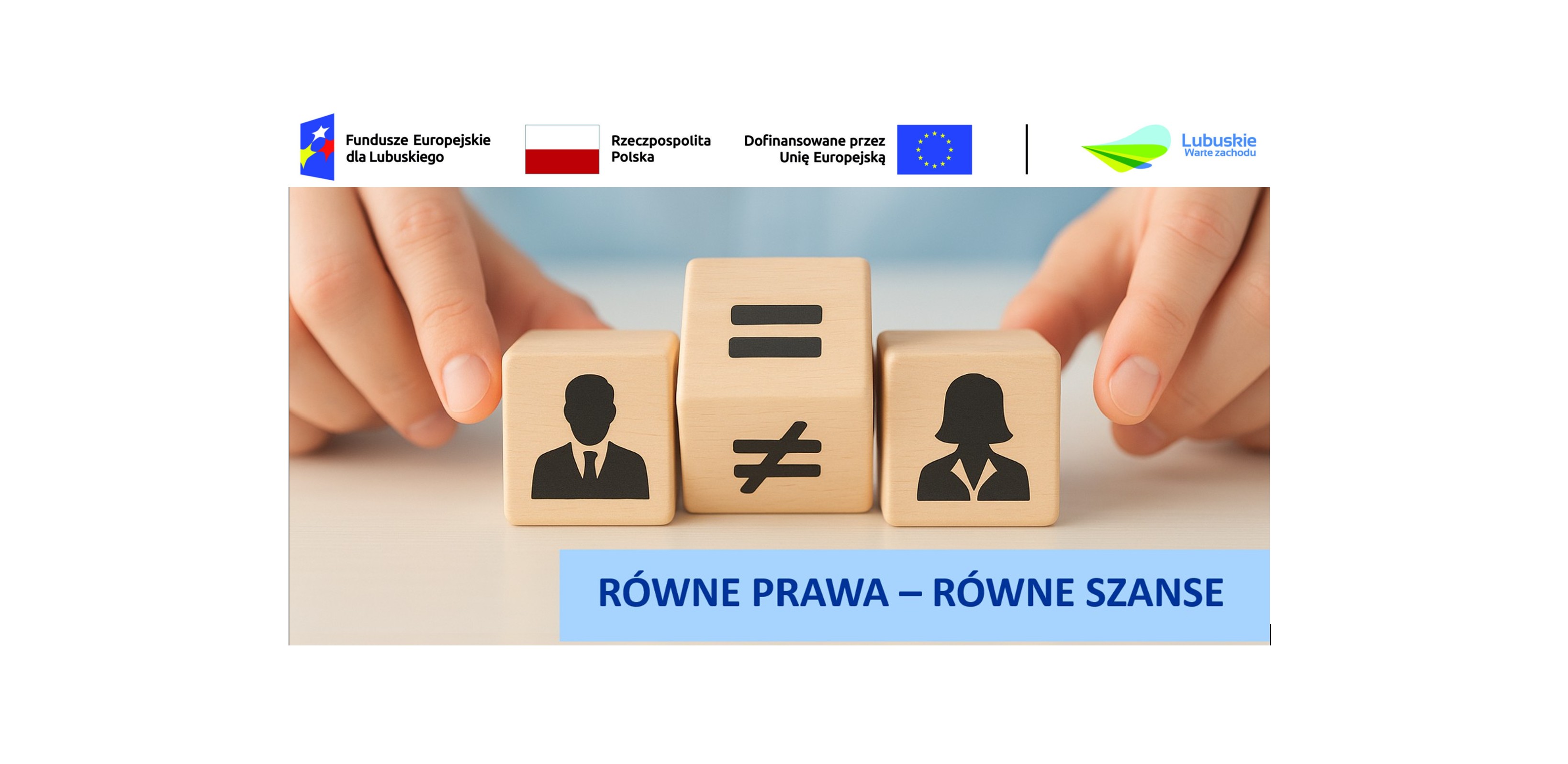 Ikony kobiety i mężczyzny oraz symbole równości – hasło: Równe prawa – równe szanse