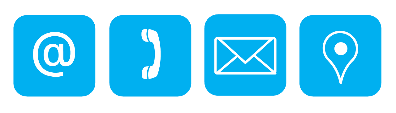 Ikonki przedstawiające symbole kontaktu: tlefon, e-mail, adres biura