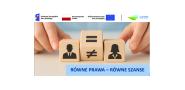 Ikony kobiety i mężczyzny oraz symbole równości – hasło: Równe prawa – równe szanse